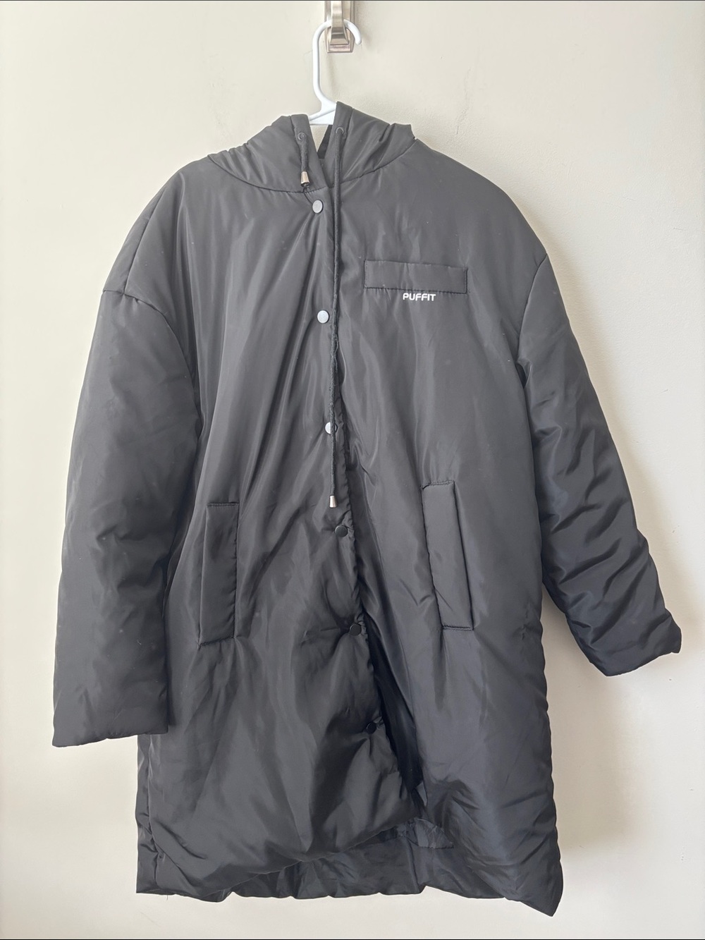 Puffit Men’s Black Hooded Puffer extra Long Winter Coat Sz M